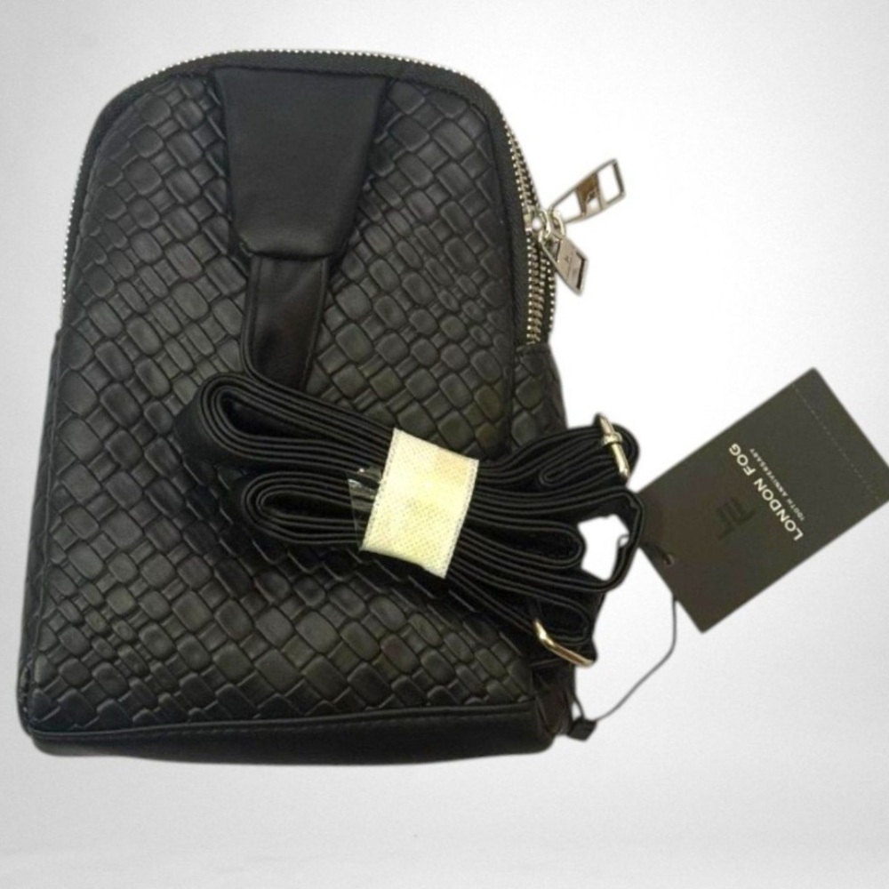 London Fog Broadway Double Compartment Woven Sling Crossbody Bag - Black NWT - Picture 3 of 4